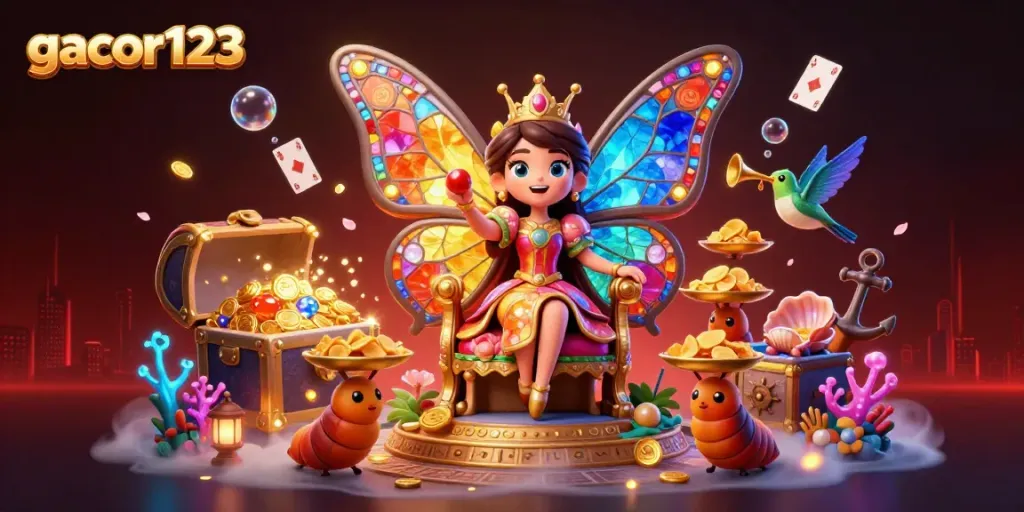 Experience the magic of gacor123 with an enchanting 3D illustration showcasing vibrant casino elements and characters.
