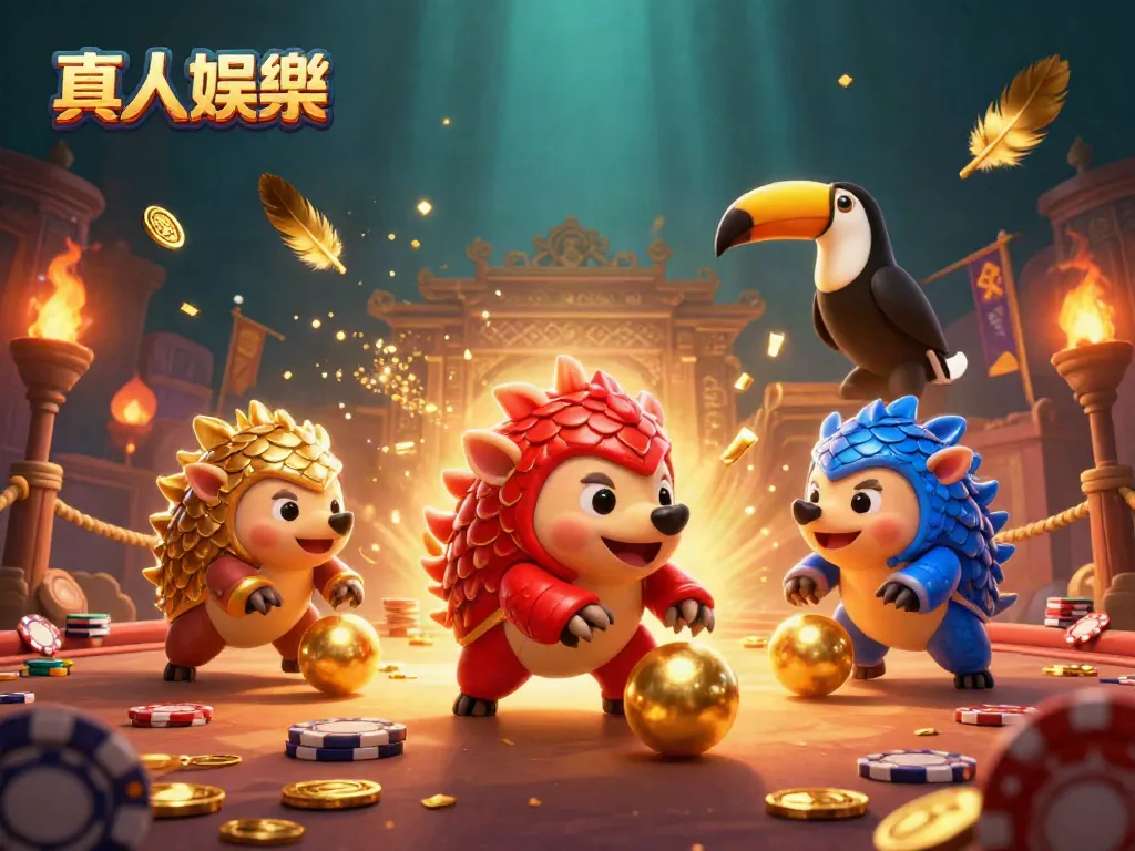 Experience thrilling 真人娛樂 action with pangolins playing games amid gold coins and vibrant casino elements.
