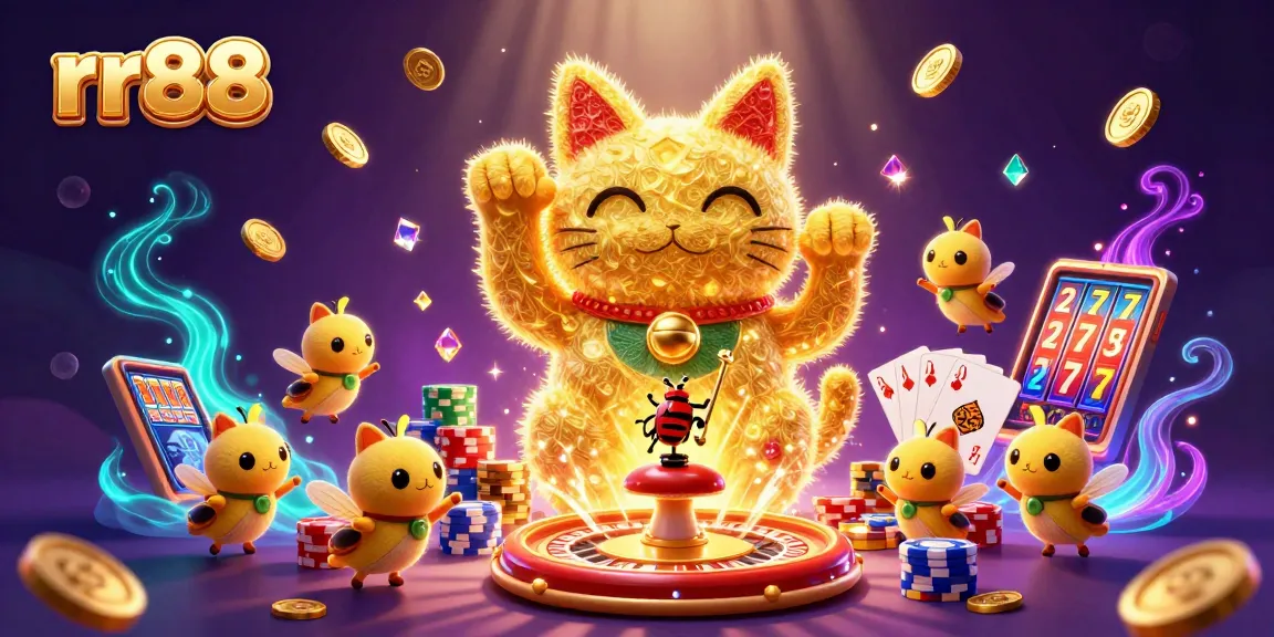rr88 players enjoy a vibrant casino scene with golden fireflies and lucky symbols, enhancing gameplay excitement