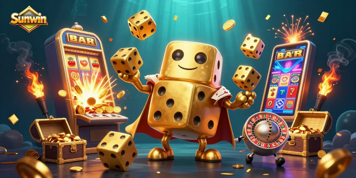 Experience exhilarating gameplay at Sunwin with a golden dice golem amidst casino elements.