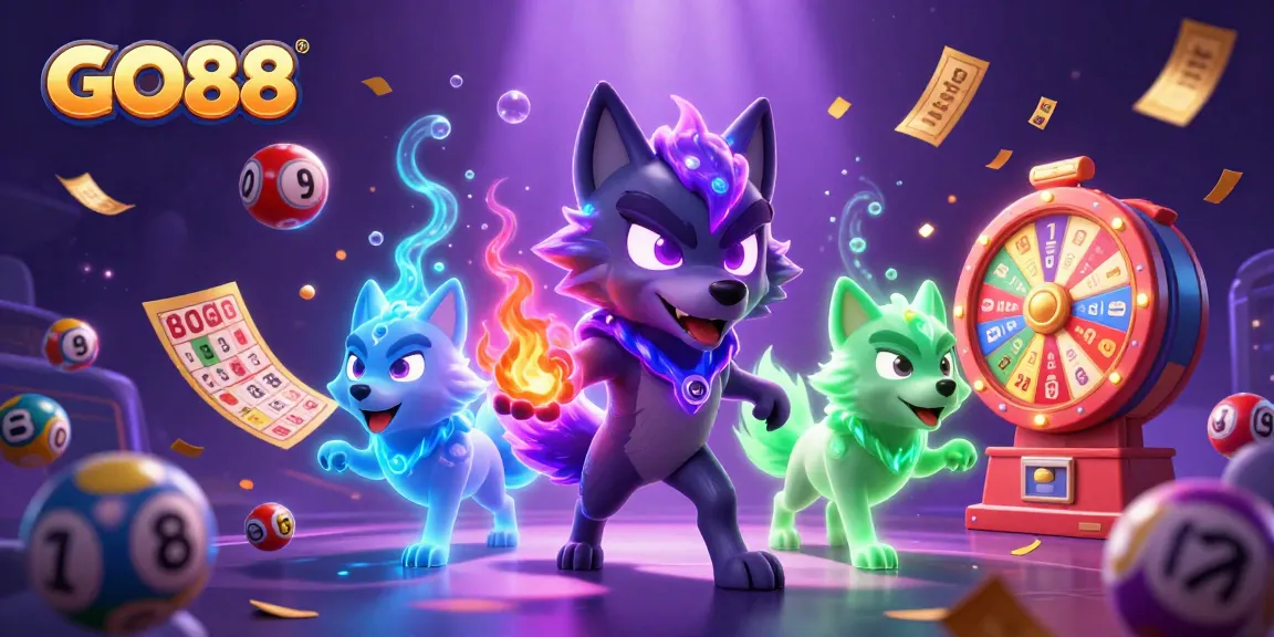 Experience excitement at GO88 with vibrant lottery balls and spectral wolves in action.