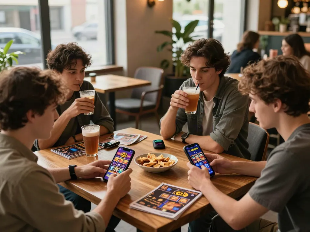 Playing luxury12 slots with friends in a cozy cafe, enjoying snacks and drinks.