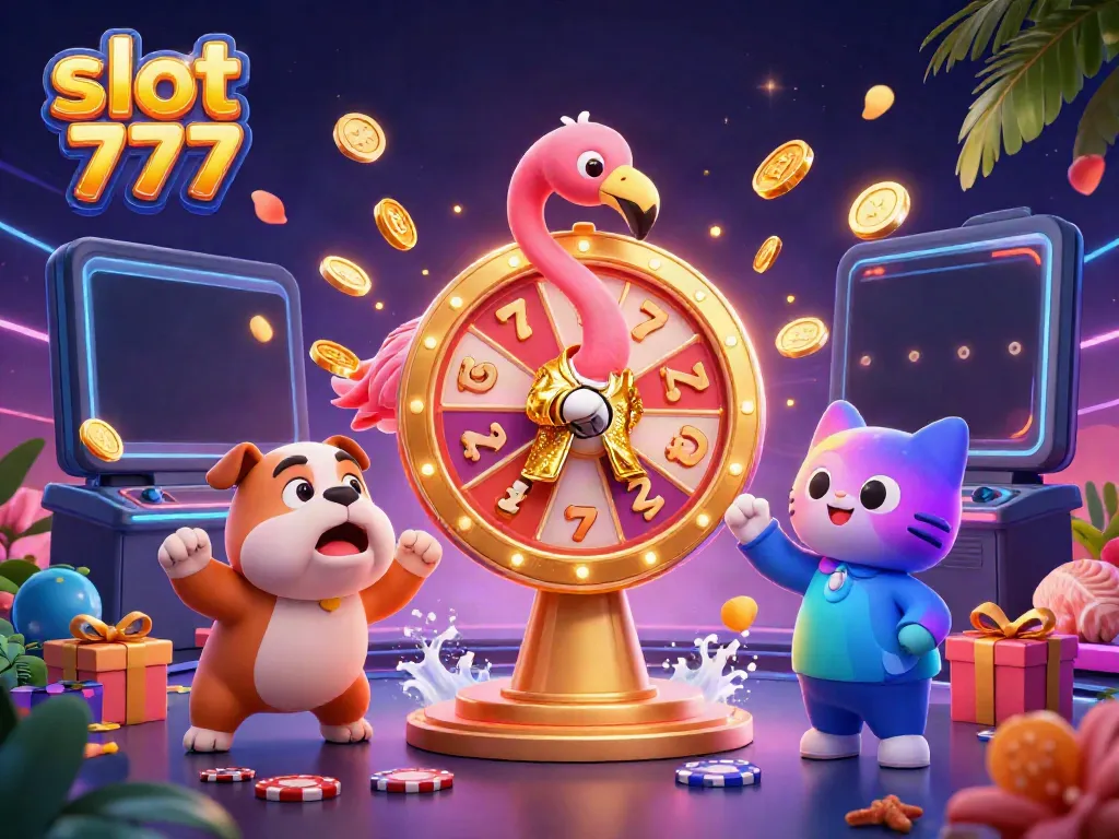 Gulungan berputar dalam slot 777 dengan karakter kasino yang penuh warna dan hadiah menarik.