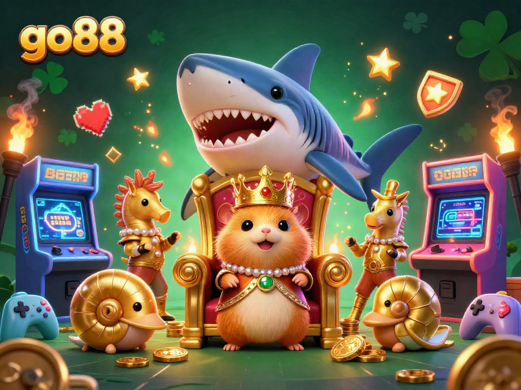 Experience thrilling gameplay with go88's vibrant characters, arcade machines, and a golden hamster king.