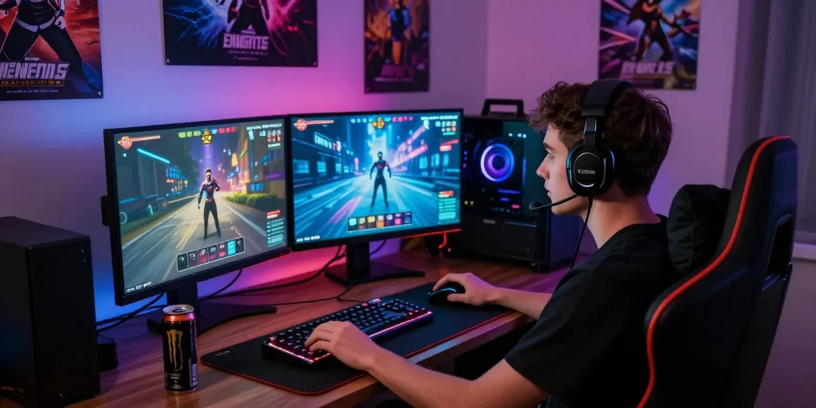 Youth engaged in mind control porn game on dual-monitor setup, immersive gaming atmosphere.