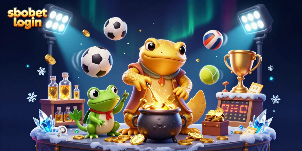 Experience sbobet login for secure betting with sports excitement, featuring dynamic gold coins and sports elements.