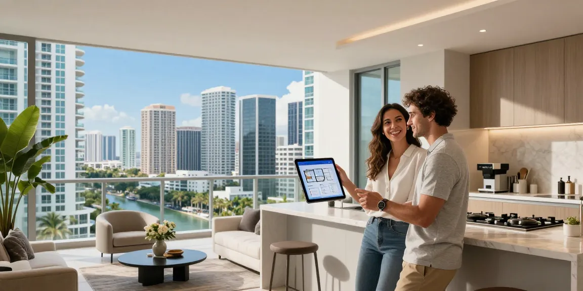 Pemandangan pasangan muda menjelajahi properti modern di Miami di https://miami4d.com/ dengan pemandangan yang menakjubkan.