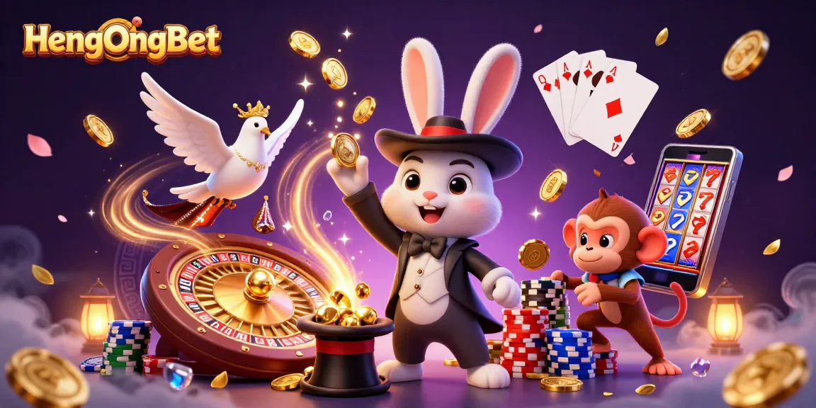 Experience the magic of HengOngBet as animated characters celebrate casino wins with coins and poker chips.