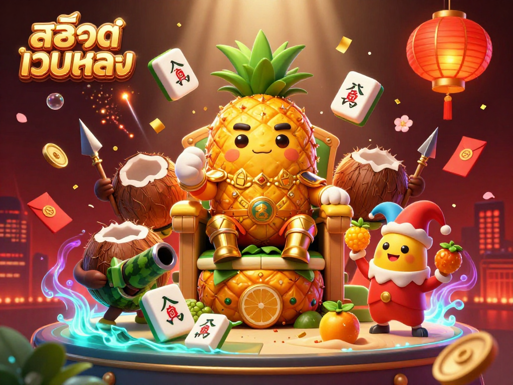 Engage in action at สล็อตเว็บตรง with vibrant casino elements featuring a pineapple king, surrounded by golden treasures and festive decor.