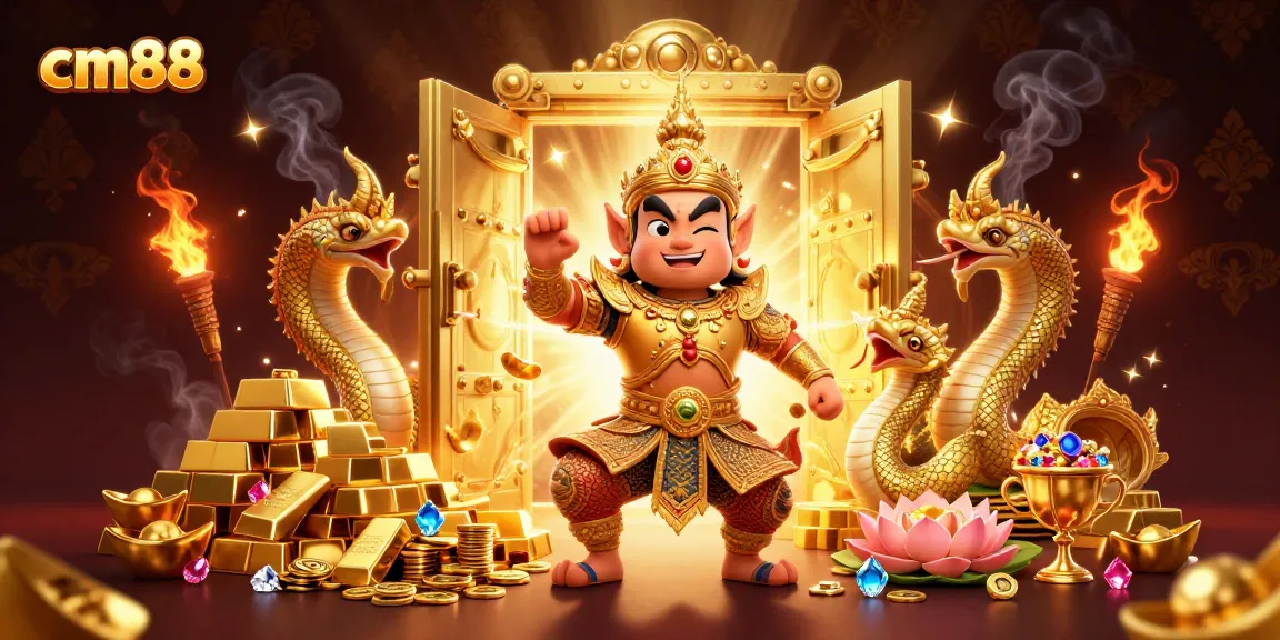 Engage with cm88's vibrant online casino world, featuring golden guardians and treasure.