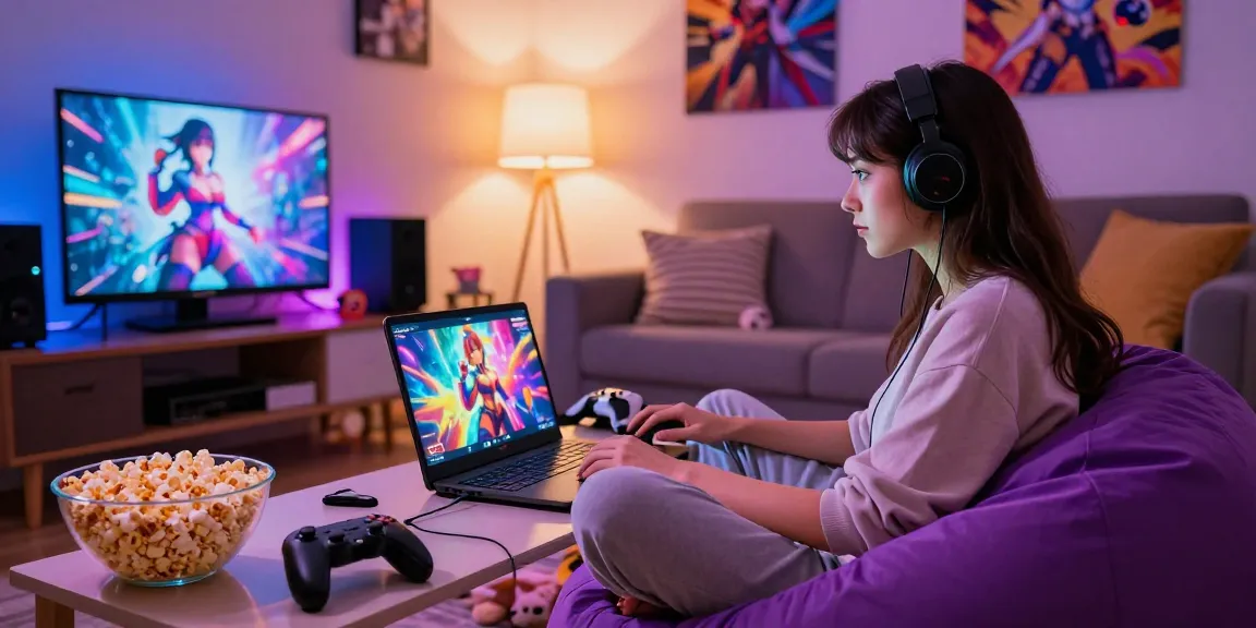 Immersive female gamer enjoying a female hentai game in a cozy setting.