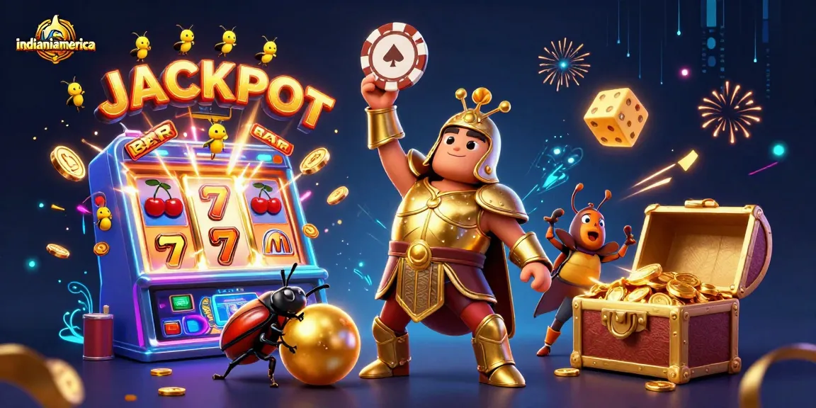 Experience the excitement of indianiamerica with a heroic golden beetle and jackpot elements in a vibrant casino scene.