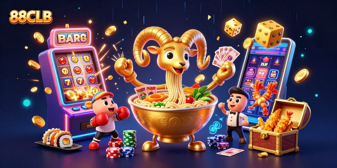 88CLB features a vibrant 3D scene of a giant golden ramen bowl dealing cards amid casino excitement.