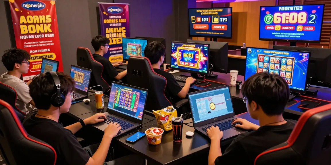 Enthusiastic players engaging with ngamenjitu's online slot and lottery games in a dynamic gaming atmosphere.