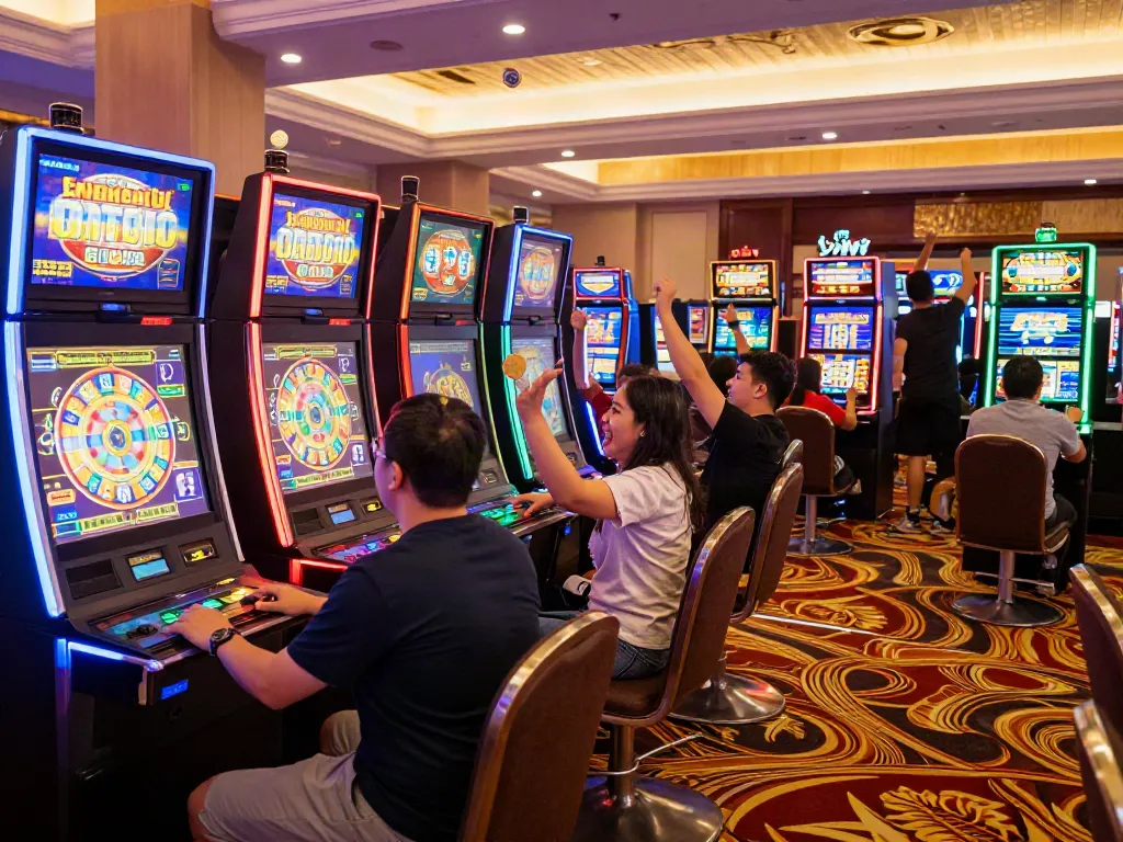 Exciting slot gaming scene with players celebrating wins at colorful machines.
