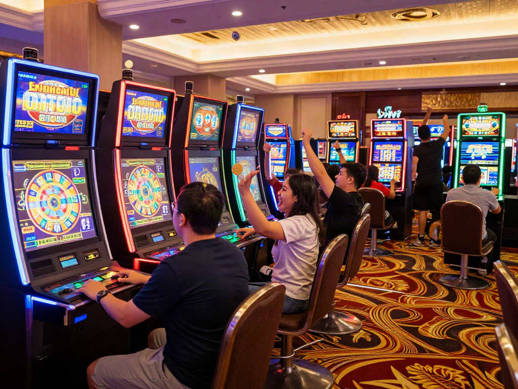 Exciting slot gaming scene with players celebrating wins at colorful machines.