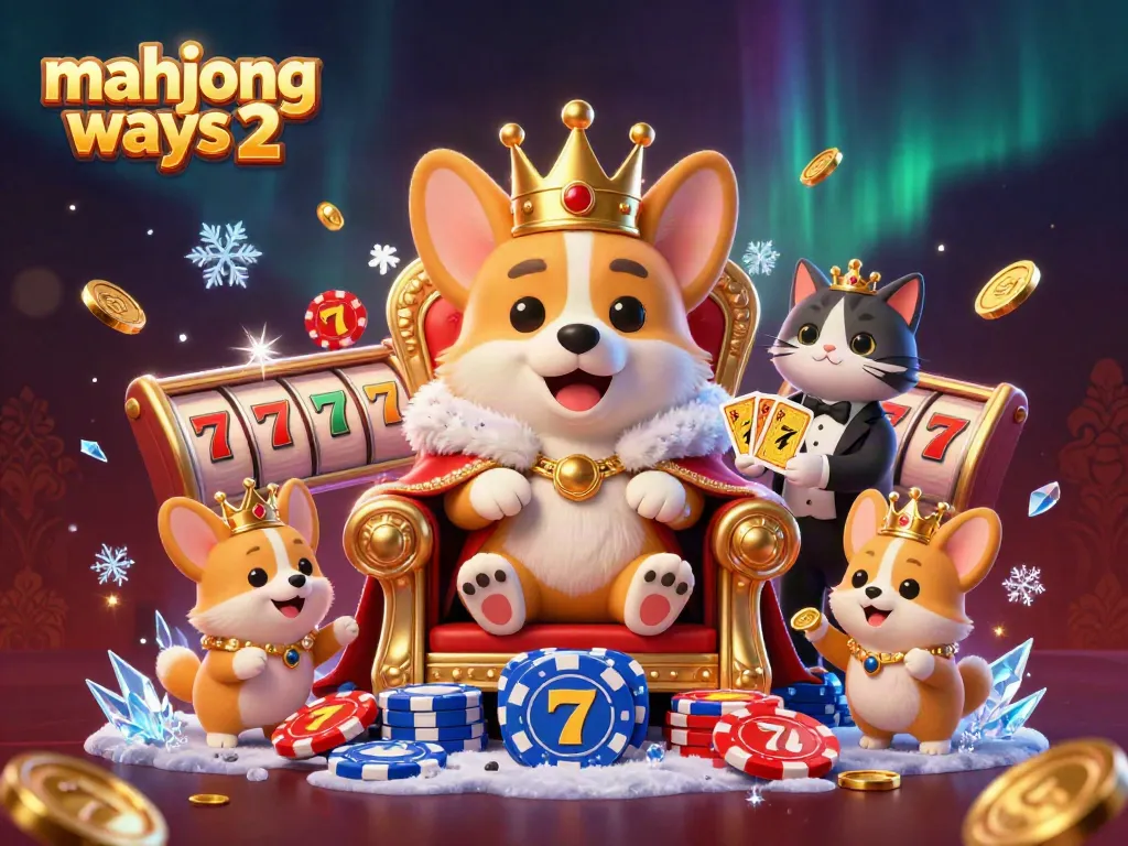 Engage with the vibrant mahjong ways 2 scene featuring a royal corgi on a poker chip throne amidst exciting slot reels and sparkling coins.