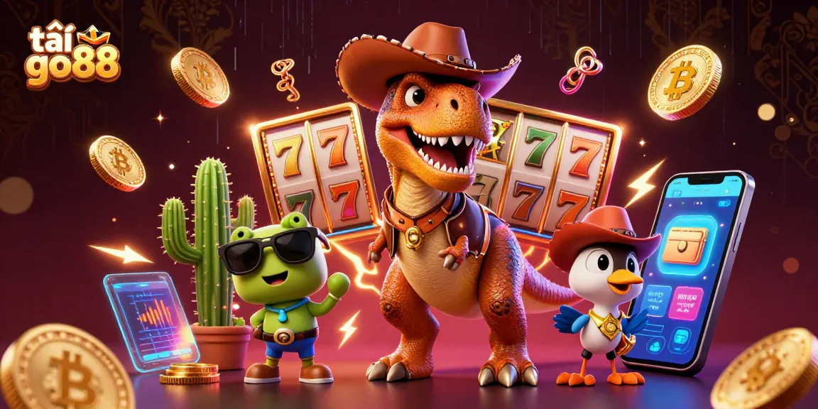 Play and win with tải go88, featuring a T-Rex cowboy, cactus, and slot games in 3D illustration.