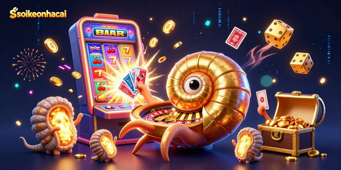 Soi kèo nhà cái with a giant nautilus roulette wheel, vibrant casino elements bursting with excitement