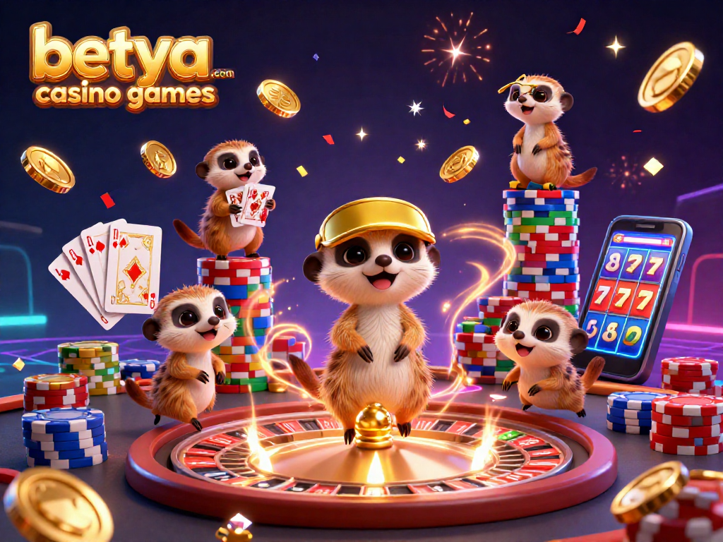 Immerse in the excitement of betya.com casino games with meerkats managing casino operations amidst golden coins and a roulette wheel.