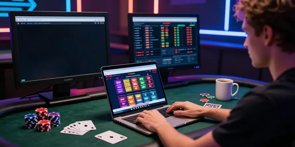 Engaged user exploring unsurtoto betting options at a vibrant online gaming setup.
