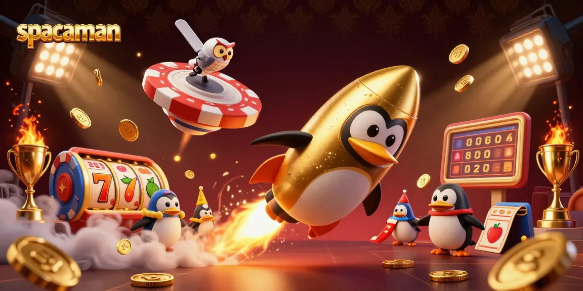 Spin the reels with spaceman as a golden penguin soars toward a casino in space.