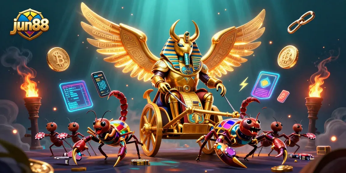 Join the excitement at jun88 with dazzling golden scarab and scorpions amid crypto coins and casino symbols.