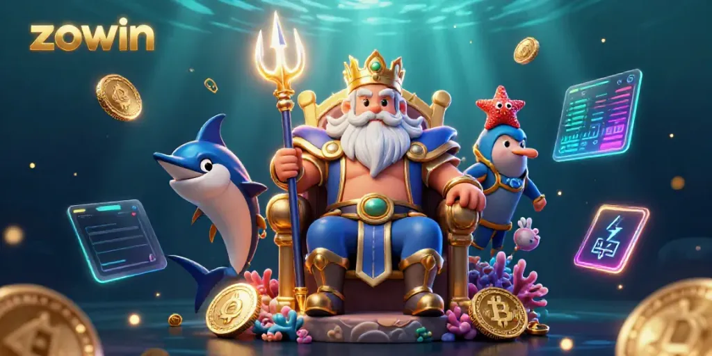 Engage in exciting gameplay with Zowin's vibrant 3D casino world featuring Neptune and dynamic gaming elements.