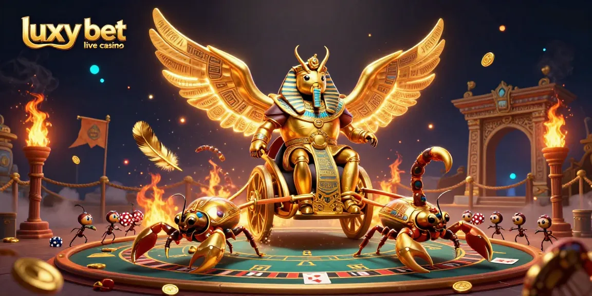 Experience the excitement of luxy bet live casino with a dynamic 3D illustration of a golden scarab and vibrant game elements.