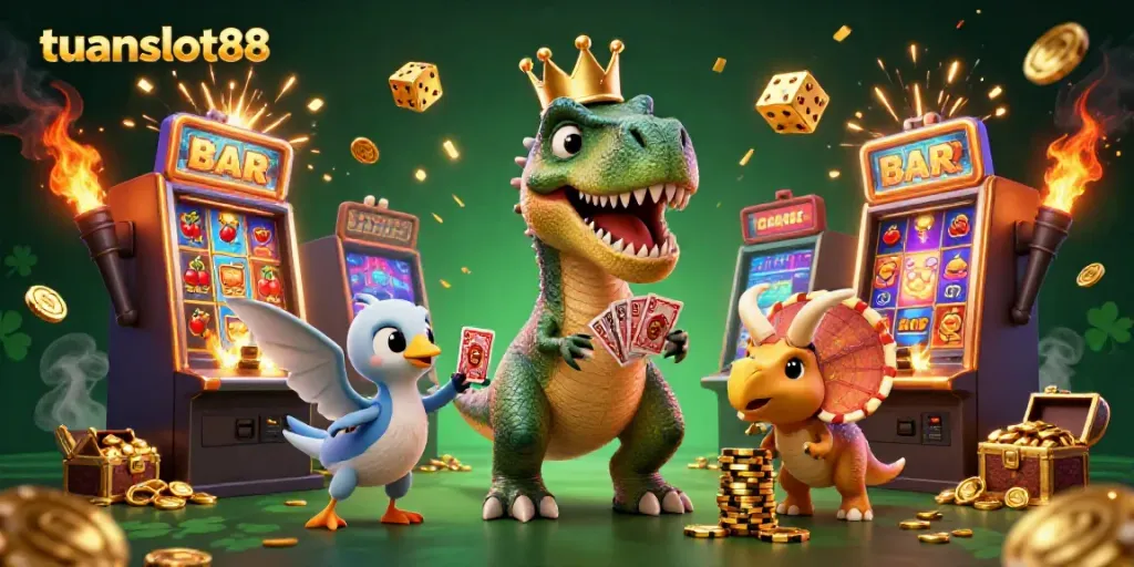 Permainan menarik di tuanslot88 saat t-rex dan dinosaurus lainnya beraksi di kasino.