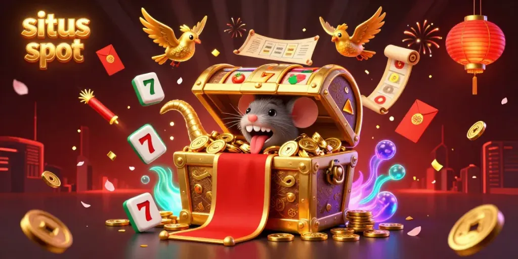 Experience the excitement of situs slot in a vibrant 3D treasure hunting scene with adventurous mice and rich gaming elements.