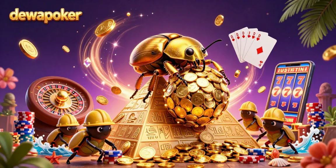 Dewapoker menampilkan pengalaman permainan slot dan poker yang menyenangkan di antara koin emas dan simbol-simbol kasino.