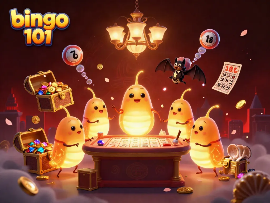 Bingo 101: A dynamic scene in a casino illuminated by glowworms with bioluminescent tails, featuring bingo cards and gold coins.