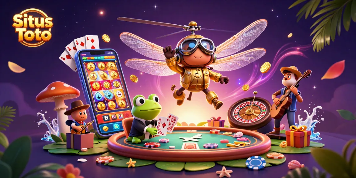 Situs Toto platform showcasing vibrant slot gaming action with a dragonfly pilot and frog croupier in a dynamic casino scene