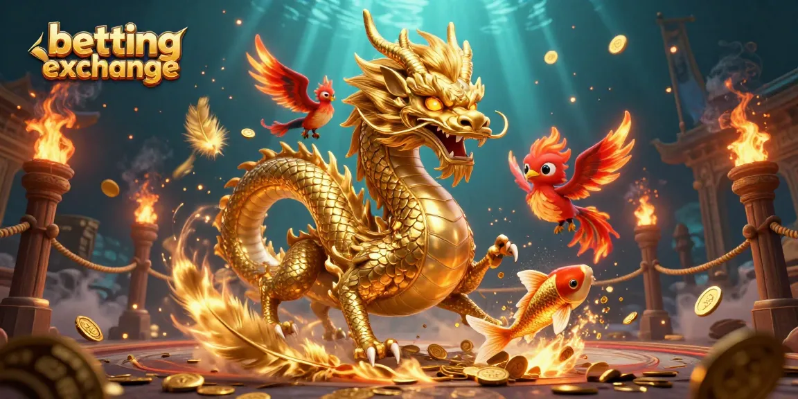 Engage with the betting exchange featuring a dynamic scene of a dragon, phoenix, and koi fish amidst gold coins.