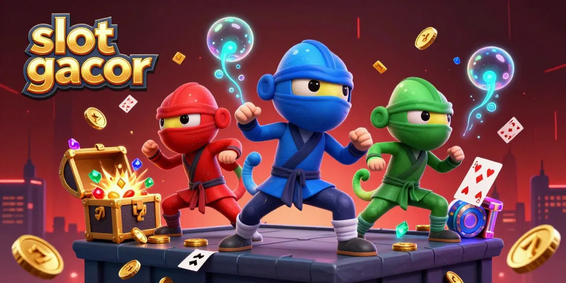 Experience slot gacor action with dynamic casino-themed ninja chameleons amidst treasures and games.