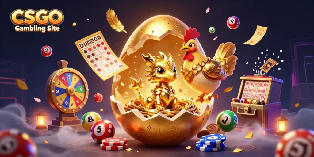 Engaging scene depicting a CSGO Gambling Site with a golden mythical dragon and vibrant game elements.