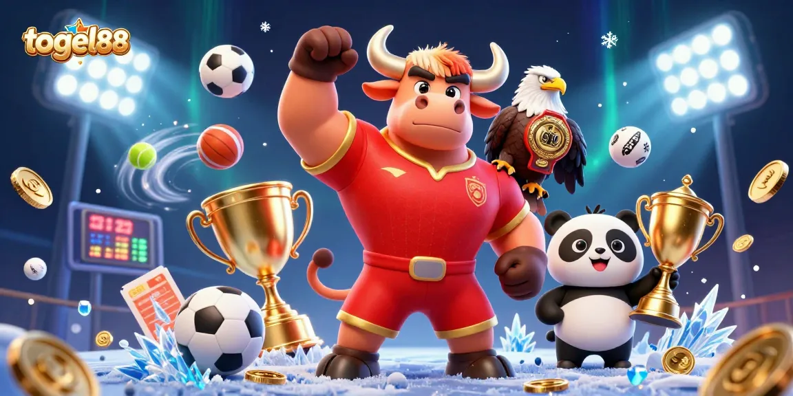 Togel88 merayakan kemenangan dengan maskot banteng, panda ceria, dan elang, penuh semangat!