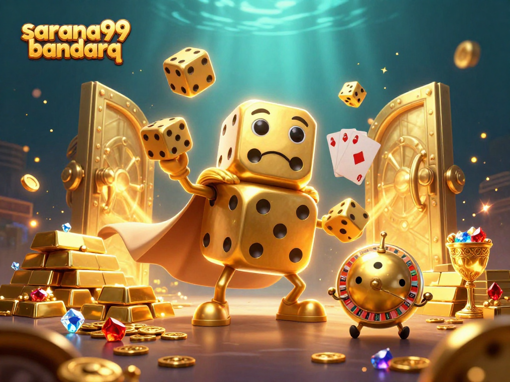 Engage with the vibrant 3D scene of sarana99 bandarq, showcasing lively casino elements and characters.