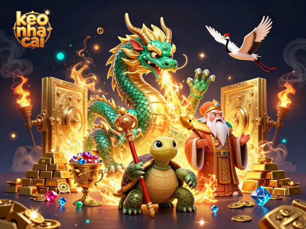 Experience keo nha cai with a stunning scene featuring an emerald dragon, wise turtle, and flying cranes amidst golden treasures.