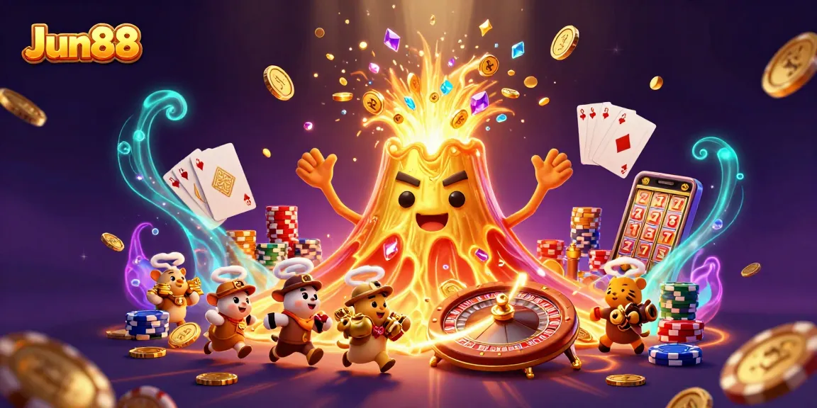 Experience Jun88's thrilling online casino adventure with a golden volcano erupting treasures and dynamic gaming elements.