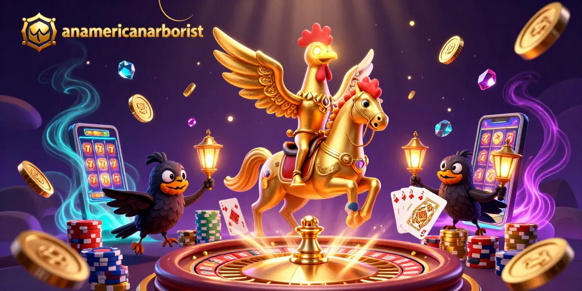 Join the anamericanarborist adventure with the golden rooster roaming a dazzling casino scene.