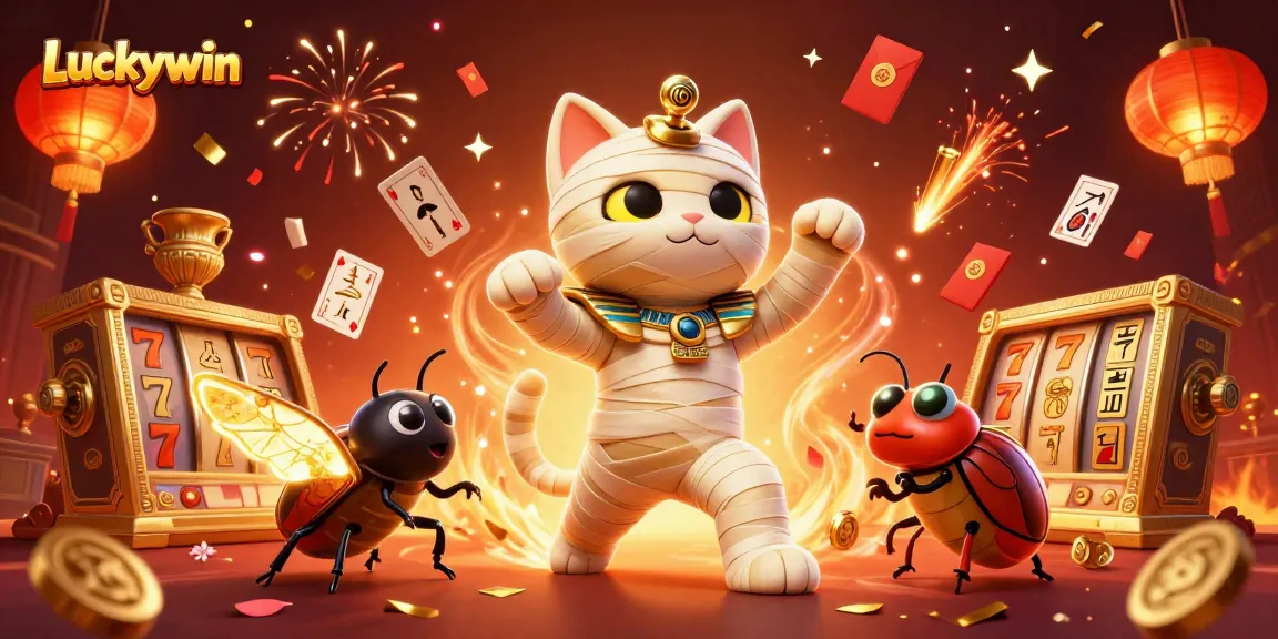 Experience excitement with Luckywin as the Egyptian mummy cat bursts from its sarcophagus amidst vibrant casino elements.