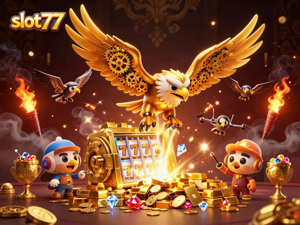 Pemain slot777 menikmati kemenangan besar di kasino dengan tumpukan emas dan batu permata berkilauan.