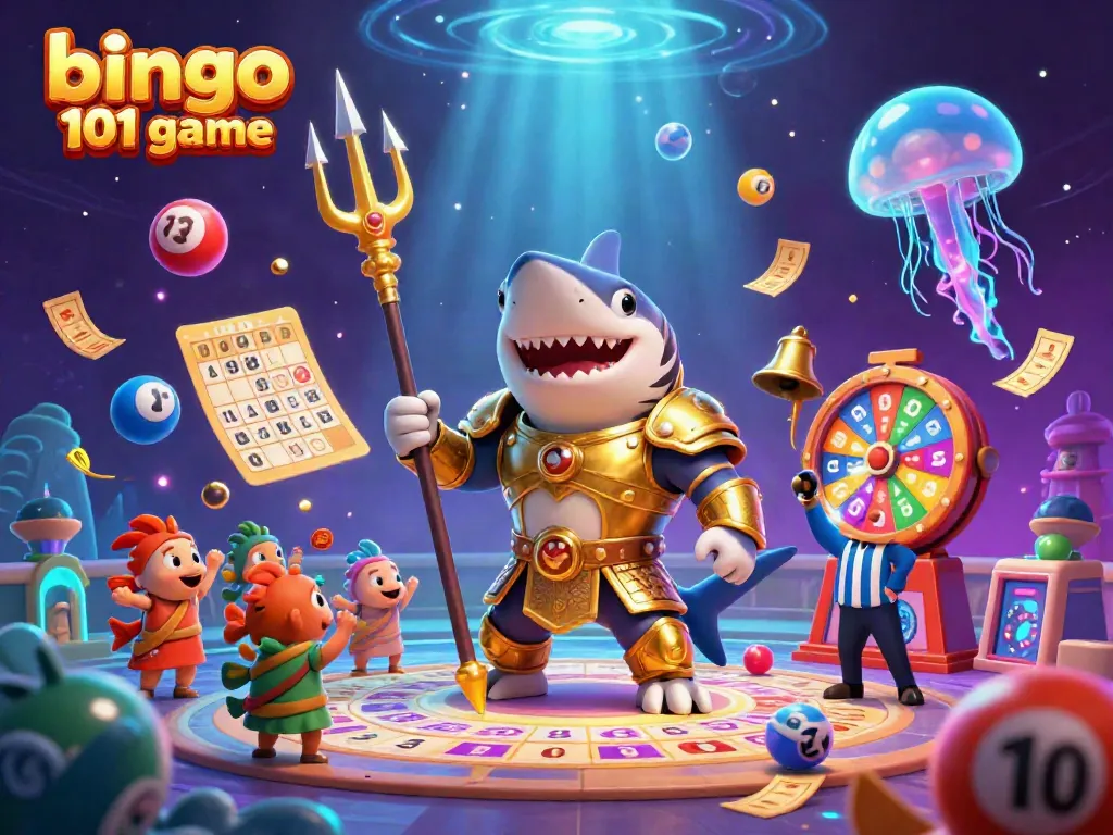 Bingo 101 game illustration featuring a shark in gladiator armor, lottery elements, and vibrant colors.