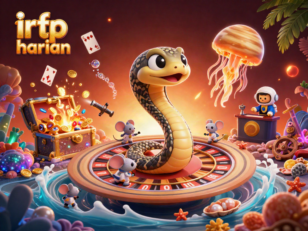 Engaging cosmic scene showcasing info rtp harian with a Saturn ring snake roulette and astronaut mice betting.