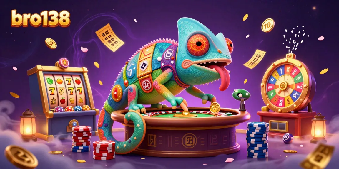Engage with bro138, where a vibrant chameleon casino owner captures golden coins amid slot reels and spinning prizes.