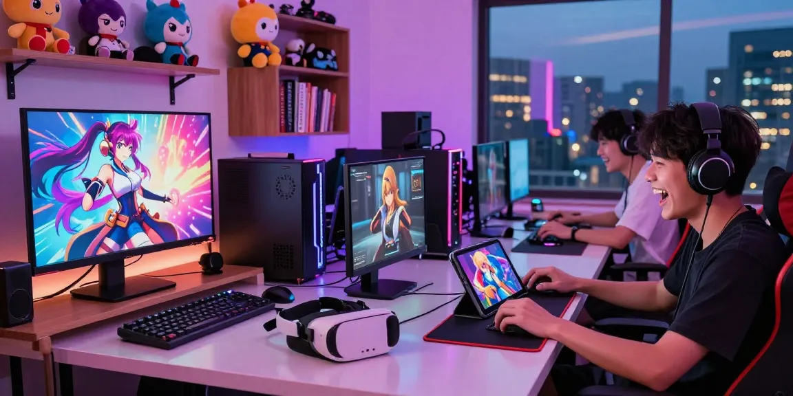 Gamers enjoying hentai games in a vibrant gaming room with anime graphics and colorful lighting.