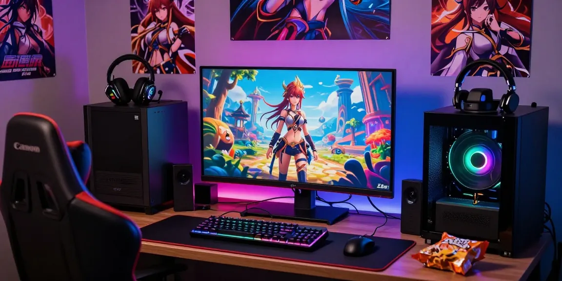Engaging gamer exploring interactive hentai games in a colorful, immersive setup.