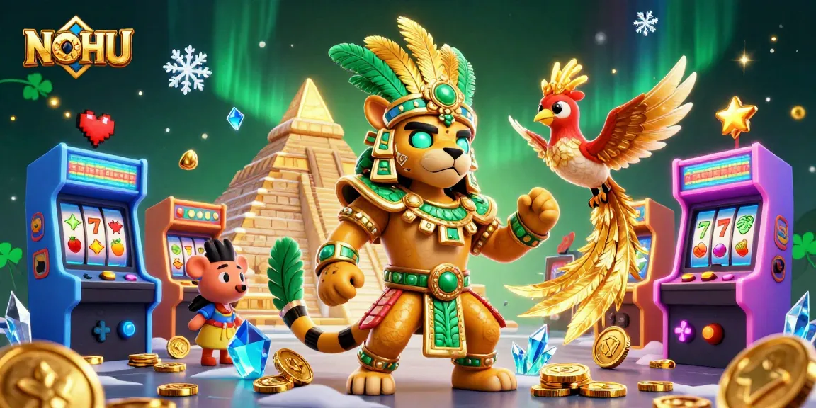 Join the excitement at NOHU with colorful slot reels and dynamic casino elements in this vibrant scene.